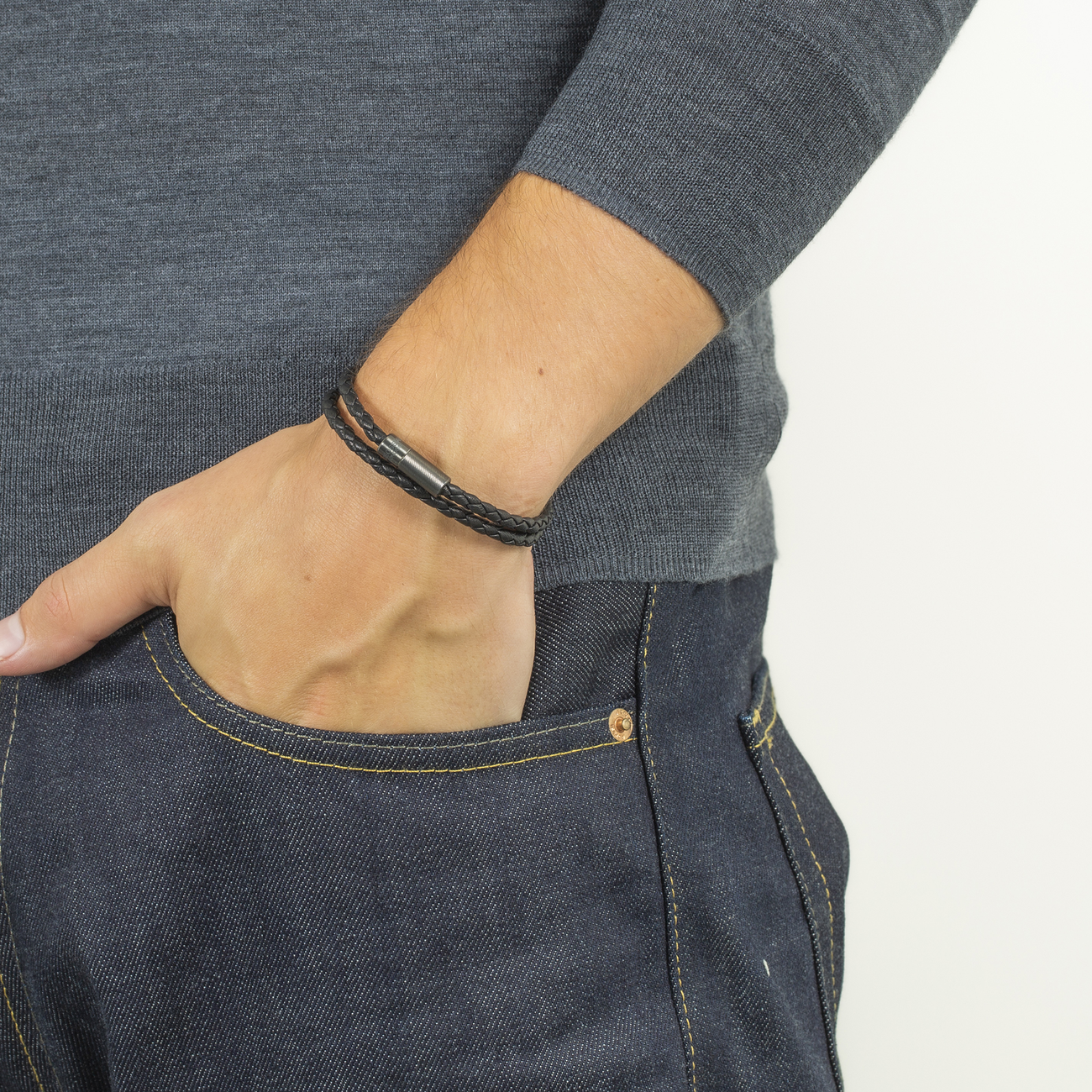 Pop Rigato bracelet in double wrap Italian black leather with black rhodium plated sterling silver