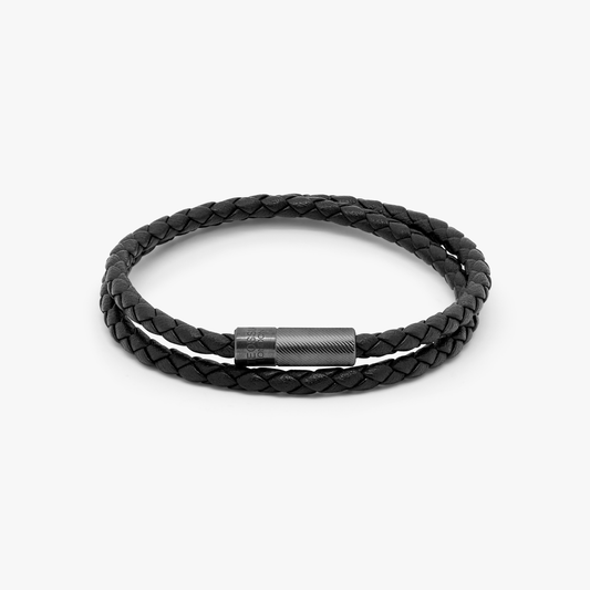 Pop Rigato bracelet in double wrap Italian black leather with black rhodium plated sterling silver